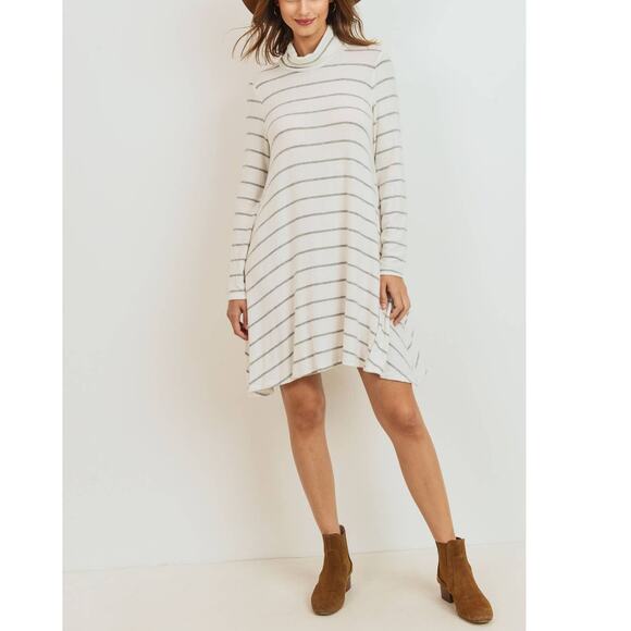 Soft Brushed Striped Mock Neck Long Sleeves Tunic Comfort Dress USA Made Womens - Picture 1 of 6